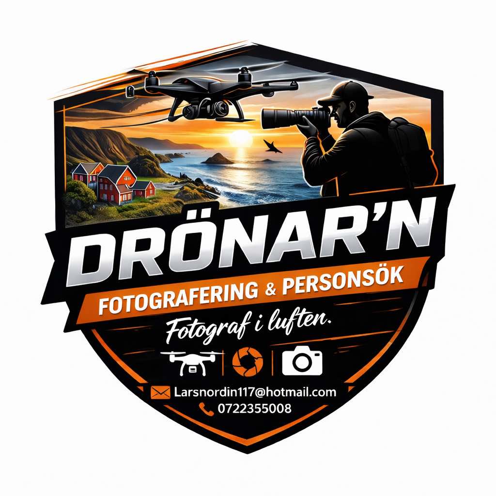 Logotyp Drönarn med text Fotografering och personsök, fotograf i luften larsnordin117@hotmail.com, tel 0722355008